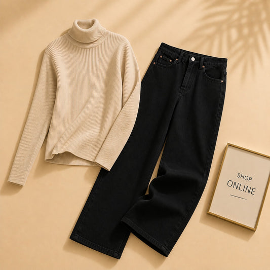 BEIGE HIGHNECK WITH BLACK WIDE LEG JEANS