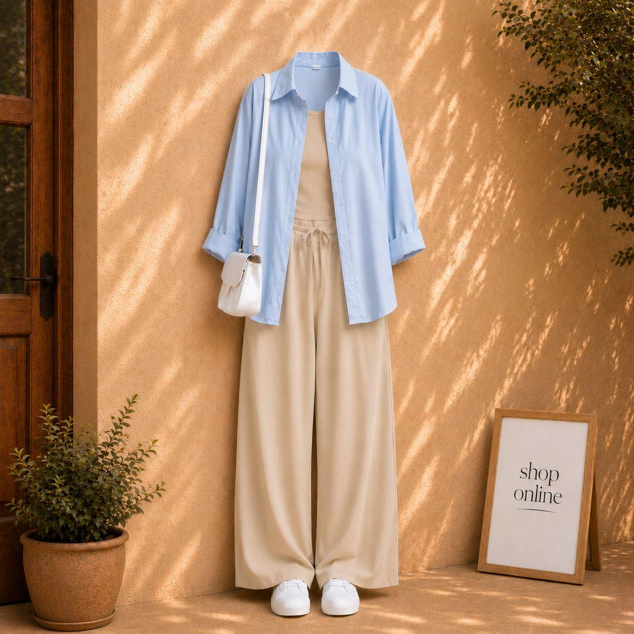SKY BLUE BUTTON DOWN SHIRT WITH BEIGE TANKTOP AND BEIGE FLAPPER