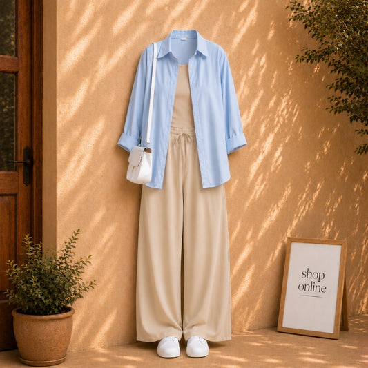 SKY BLUE BUTTON DOWN SHIRT WITH BEIGE TANKTOP AND BEIGE FLAPPER