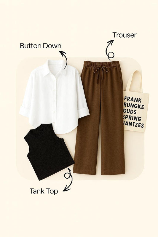 WHITE BUTTON SHIRT WITH BROWN FLAPPER AND BLACK TANK TOP