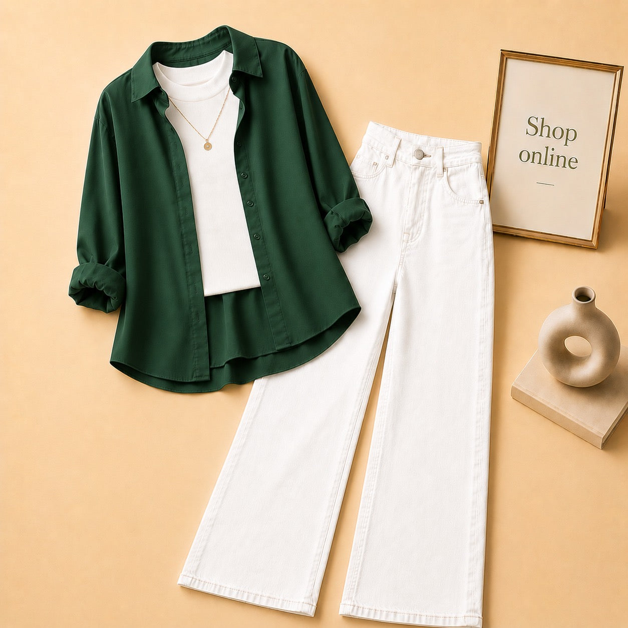 DARK GREEN BUTTON DOWN SHIRT WITH WHITE TANKTOP AND WHITE WIDE LEG JEANS