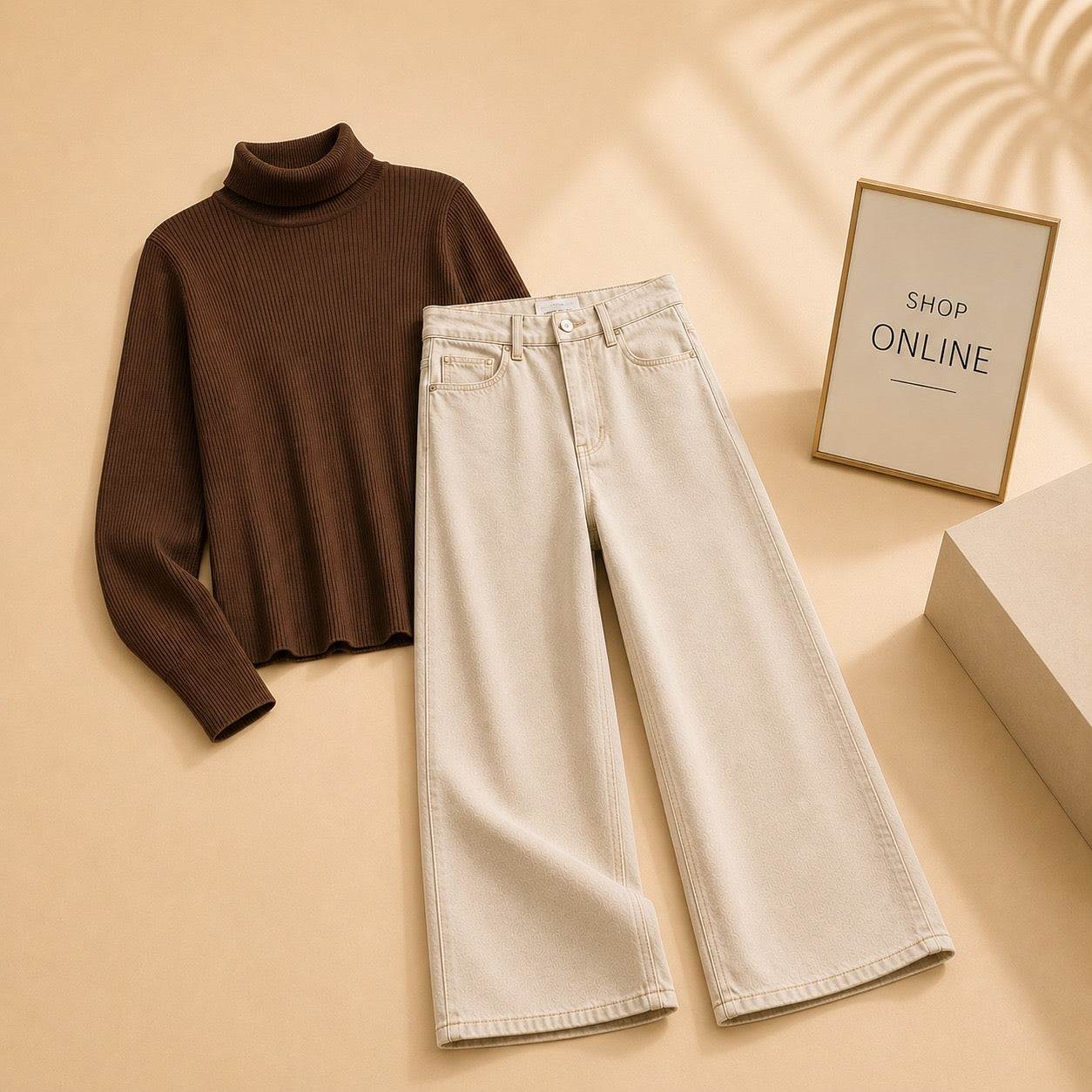 BROWN HIGHNECK WITH BEIGE WIDE LEG JEANS