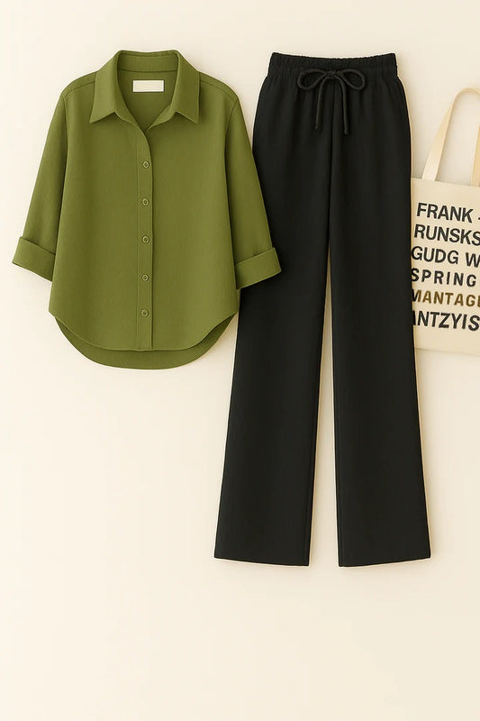 OLIVE GREEN BUTTON SHIRT WITH BLACK FLAPPER