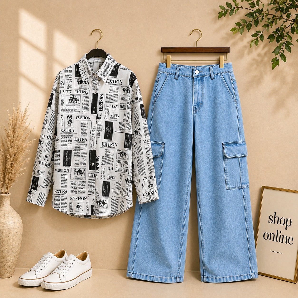 NEWSPAPER BUTTON SHIRT WITH BLUE CARGO JEANS