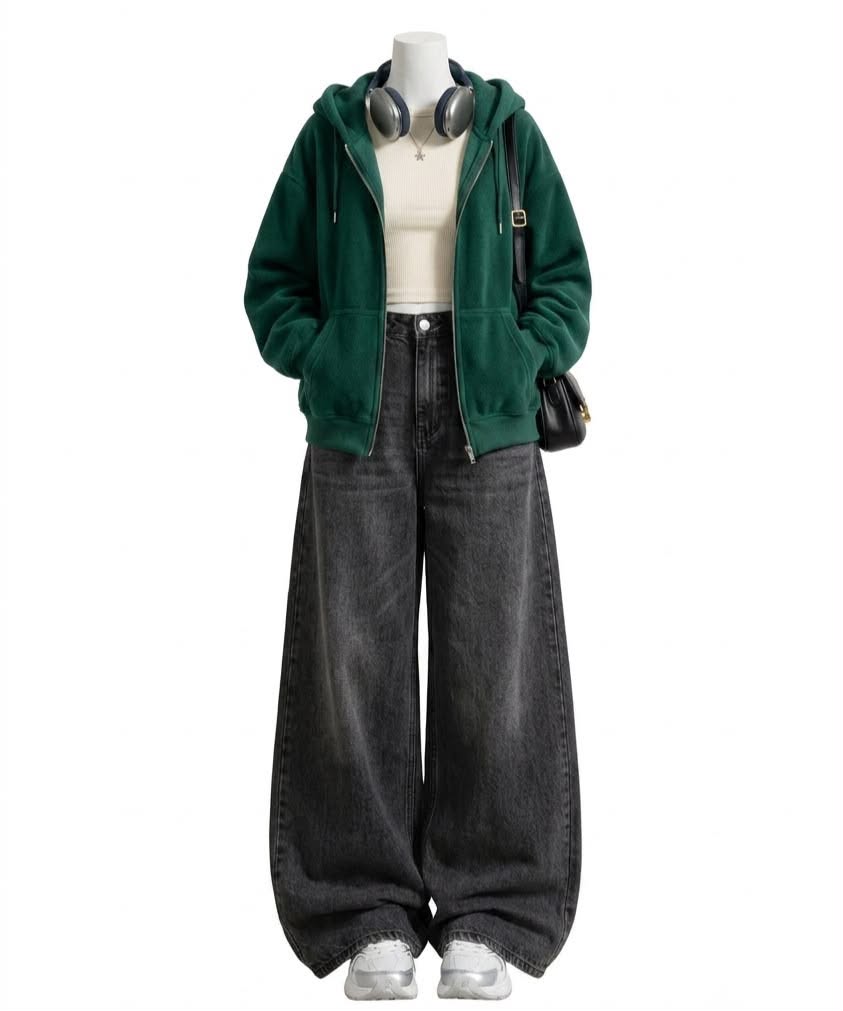 Green Zipper + White  Inner  with   Vintage charcoal Wide Leg Jeans