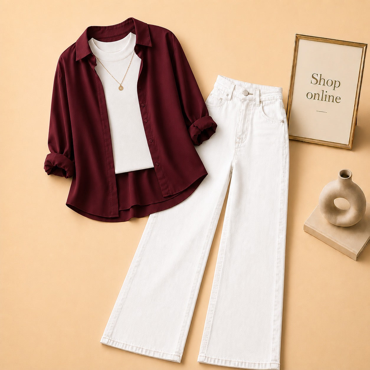 MAROON BUTTON DOWN SHIRT WITH WHITE TANKTOP AND WHITE WIDE LEG JEANS