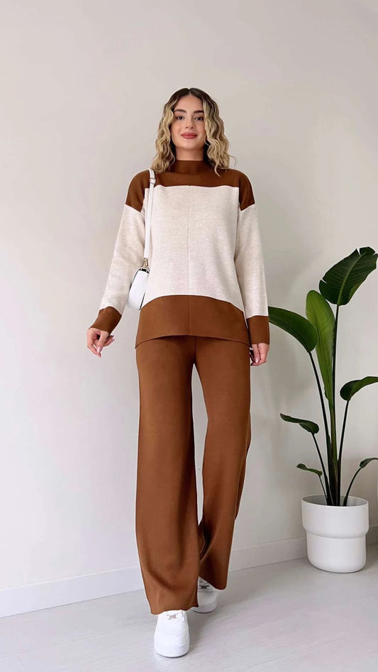 BROWN PANEL RIB KNIT CO ORD SET