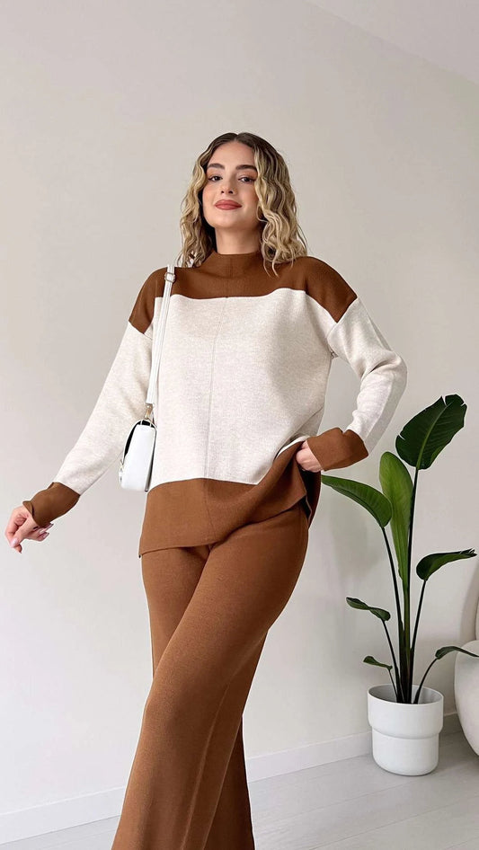 BROWN PANEL RIB KNIT CO ORD SET