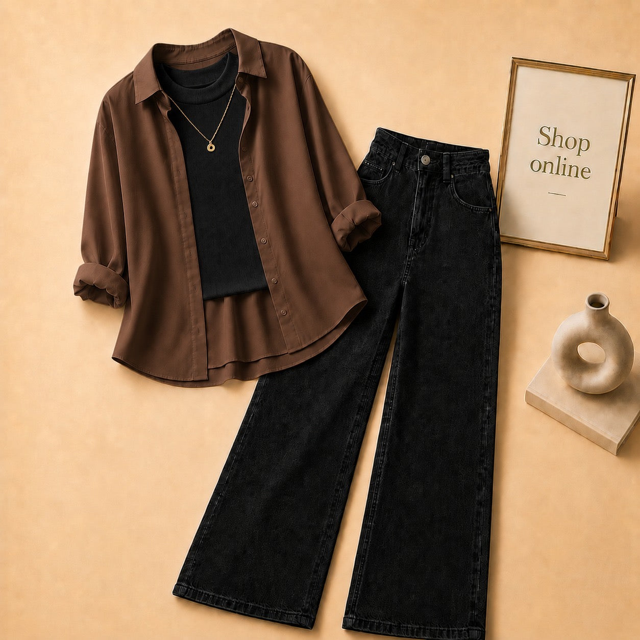 COFFEE BROWN BUTTON DOWN SHIRT WITH BLACK TANKTOP AND BLACK WIDE LEG JEANS