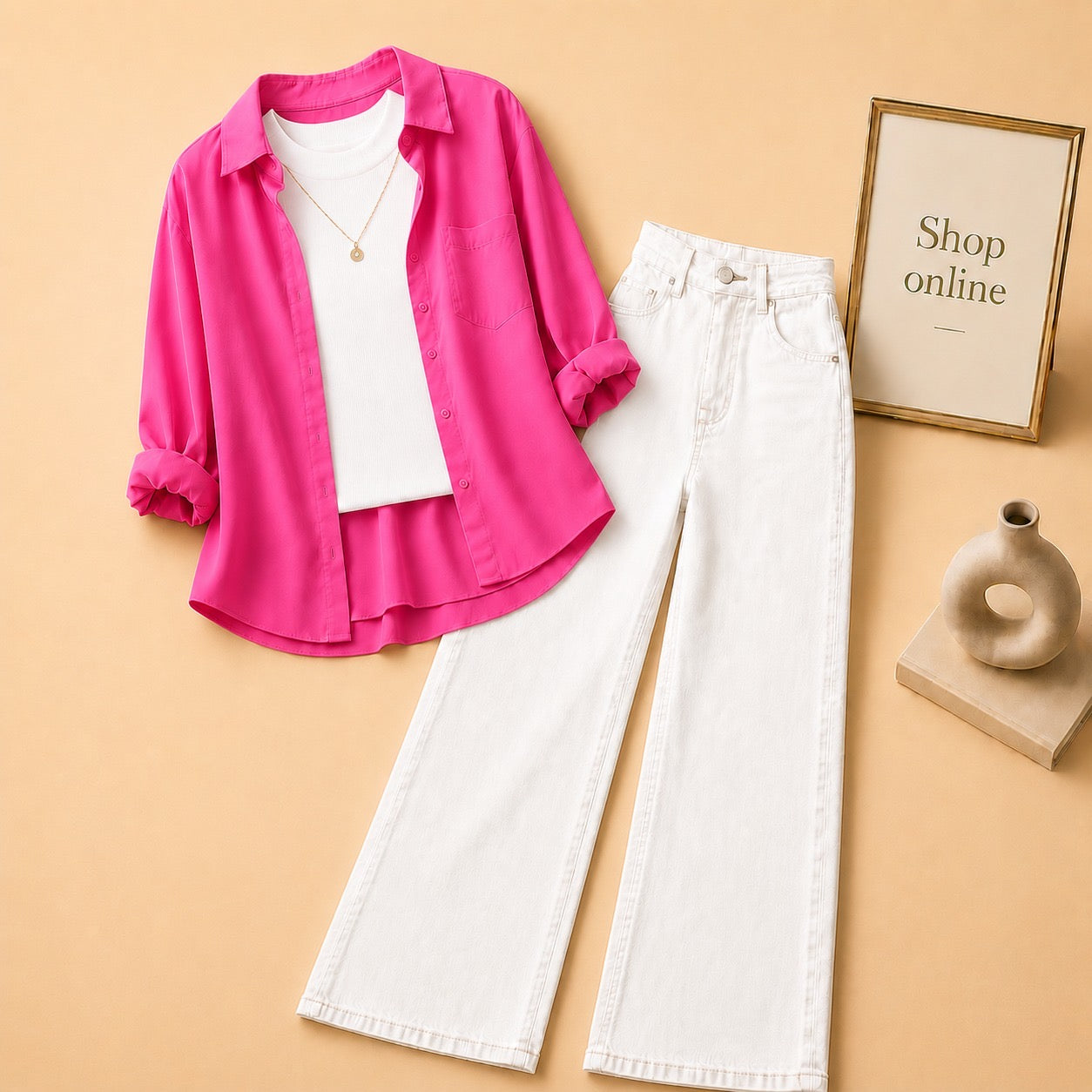 SHOCKING PINK BUTTON DOWN SHIRT WITH WHITE TANKTOP AND WHITE WIDE LEG JEANS