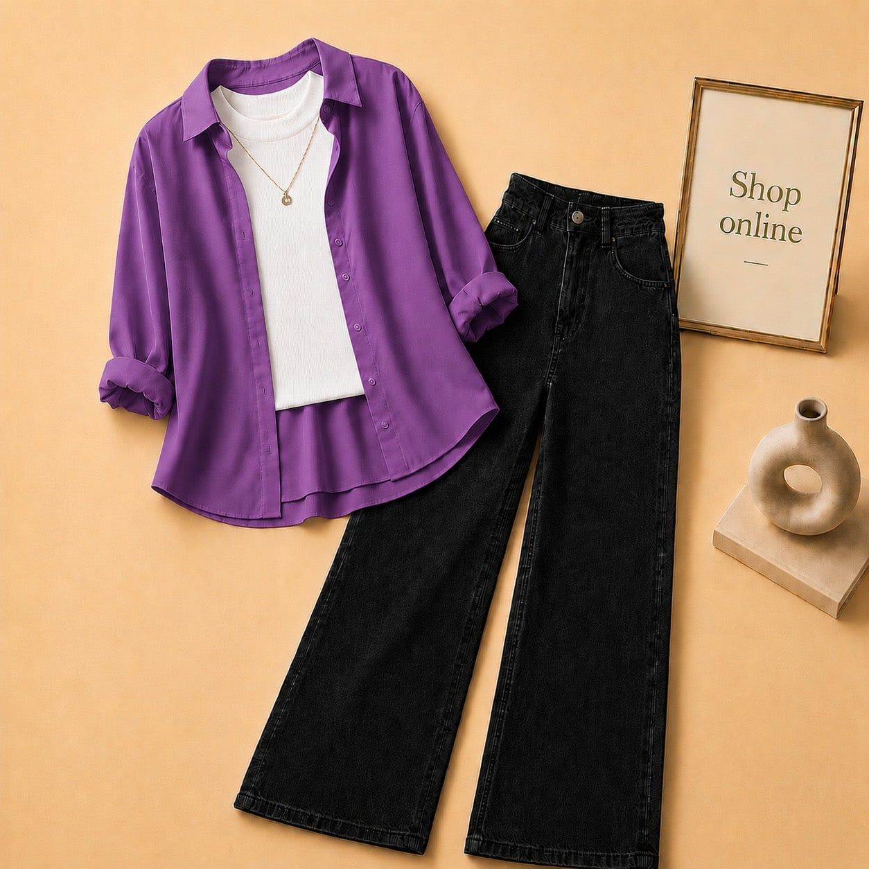 PURPLE BUTTON DOWN SHIRT WITH WHITE TANKTOP AND BLACK WIDE LEG JEANS