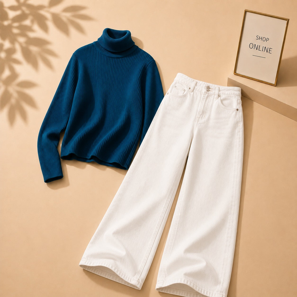 PETROLEUM BLUE HIGHNECK WITH WHITE WIDE LEG JEANS