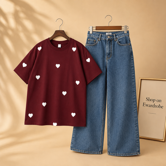 MAROON TSHIRT FILLED HEARTS ALLOVER WITH MID BLUE WIDE LEG JEANS