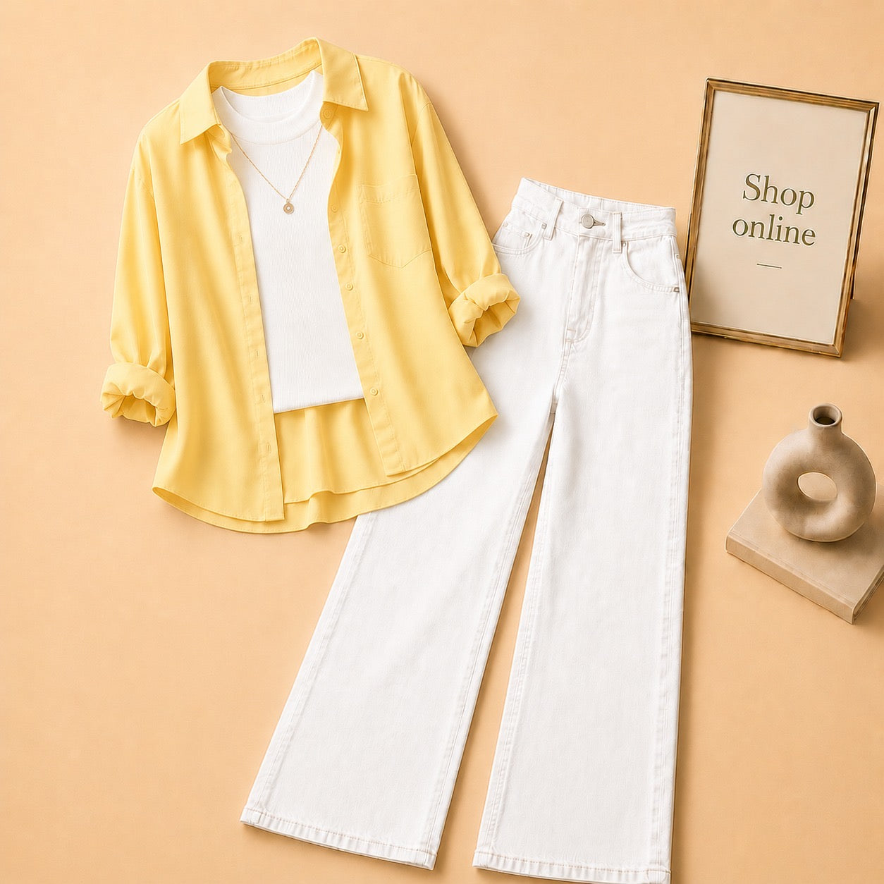 YELLOW BUTTON DOWN SHIRT WITH WHITE TANKTOP AND WHITE WIDE LEG JEANS