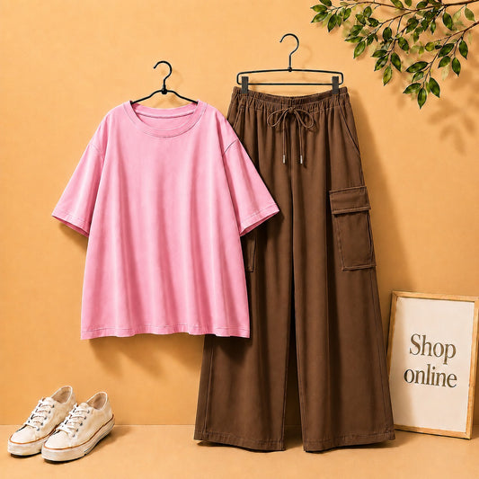 LIGHT PINK DROP SHOULDER TSHIRT WITH BROWN CARGO TROUSER
