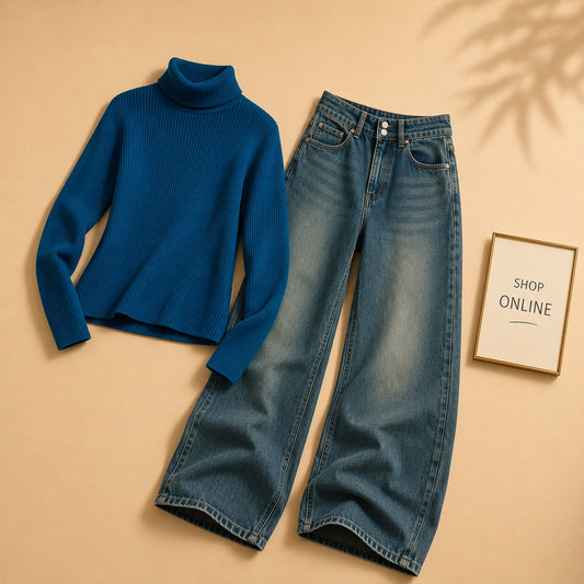 PETROLEUM BLUE HIGHNECK WITH DARKISH BLUE WIDE LEG JEANS