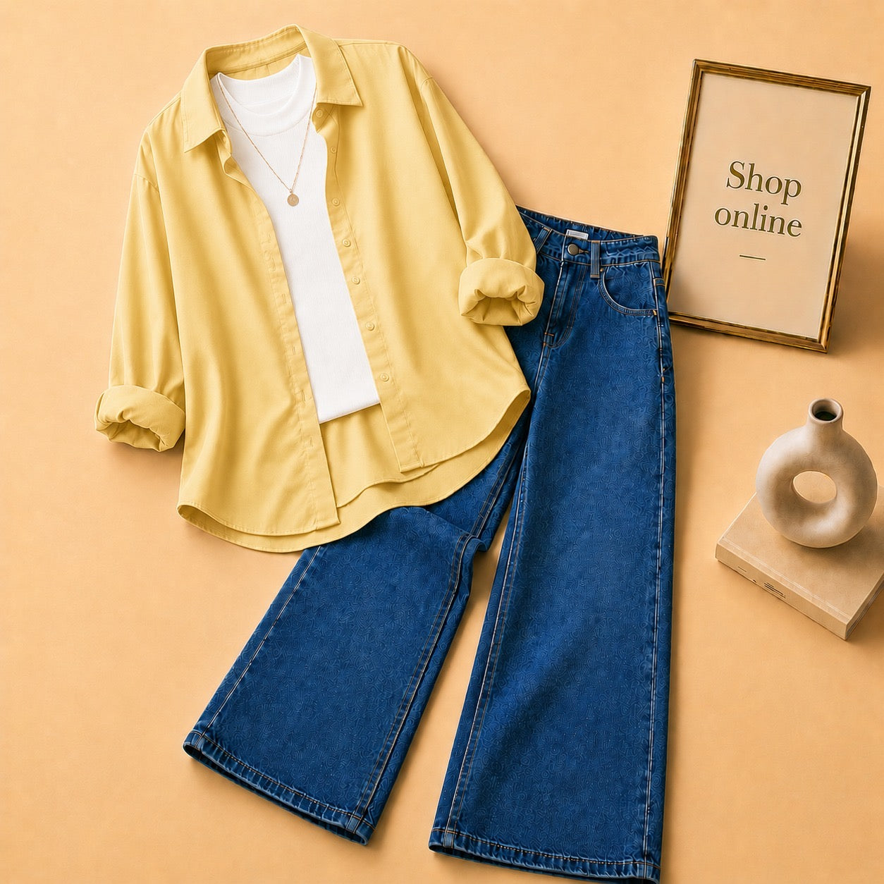 YELLOW BUTTON DOWN SHIRT WITH WHITE TANKTOP AND DARK BLUE WIDE LEG JEANS
