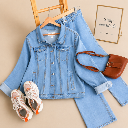ICE BLUE DENIM JACKET WITH ICE BLUE WIDE LEG JEANS