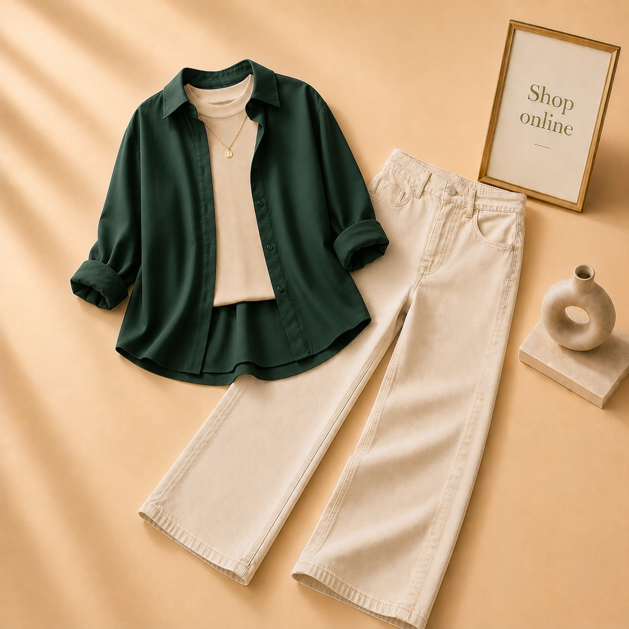 DARK GREEN BUTTON DOWN SHIRT WITH BEIGE TANKTOP AND BEIGE WIDE LEG JEANS