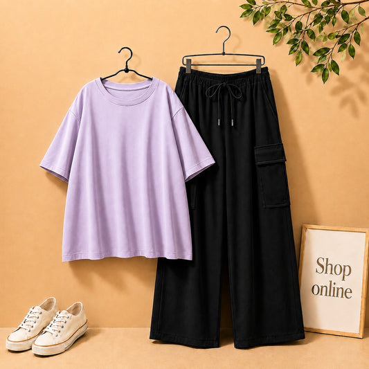 LILAC DROP SHOULDER TSHIRT WITH BLACK CARGO TROUSER