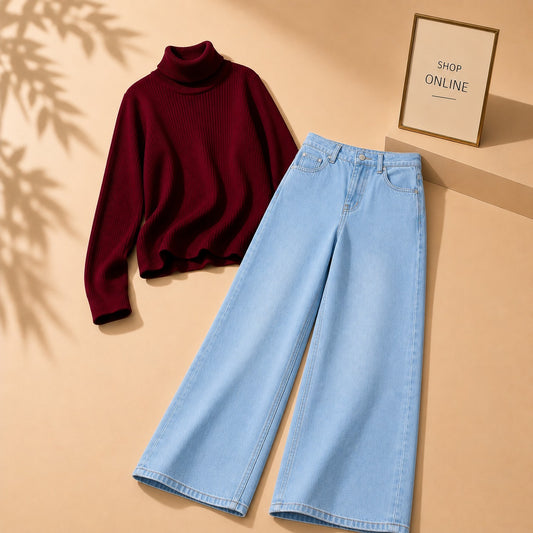 MAROON HIGHNECK WITH SKY BLUE WIDE LEG JEANS