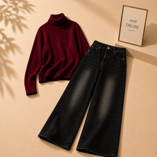 MAROON HIGHNECK WITH BLACK MALAYSIAN WIDE LEG JEANS