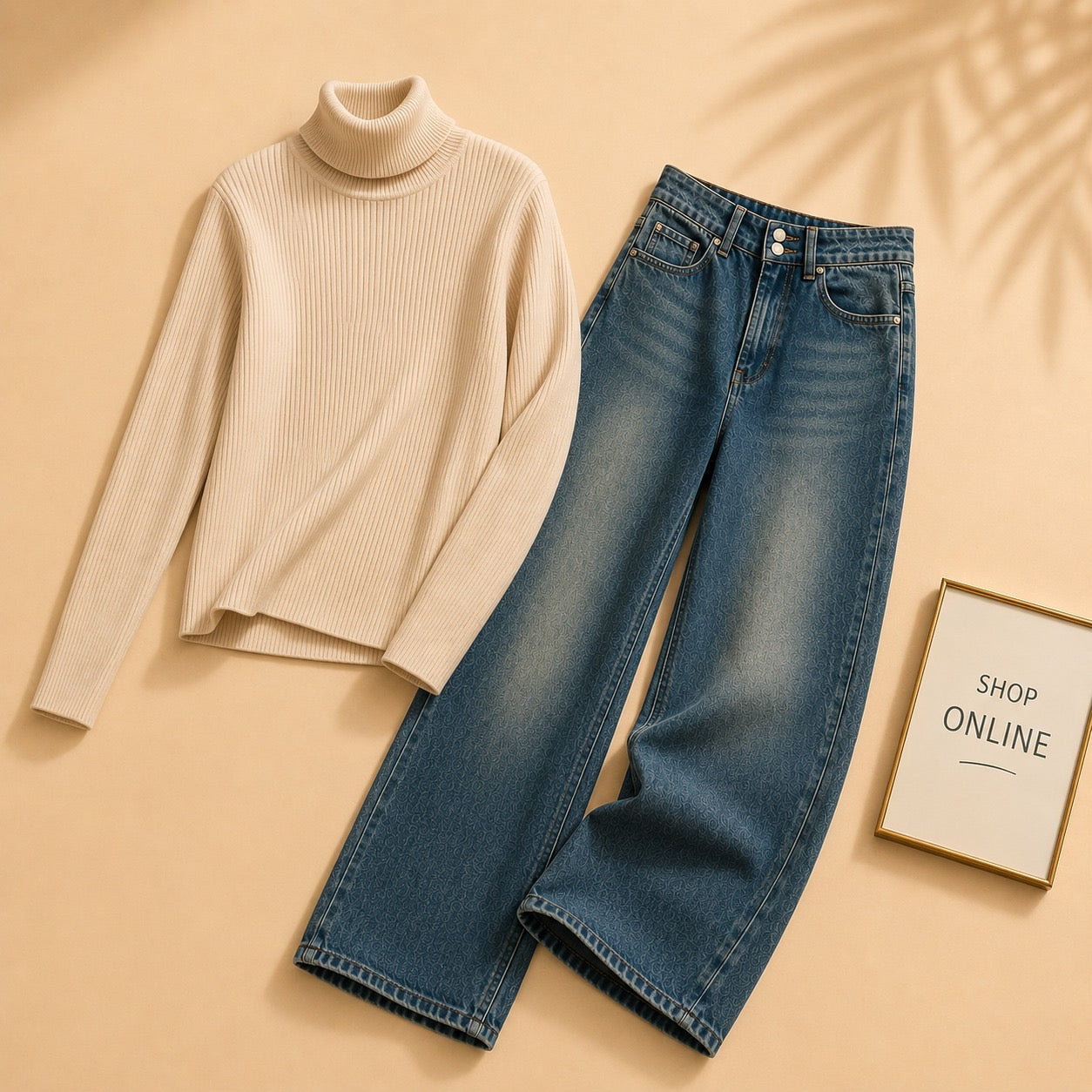 BEIGE HIGHNECK WITH DARKISH BLUE WIDE LEG JEANS
