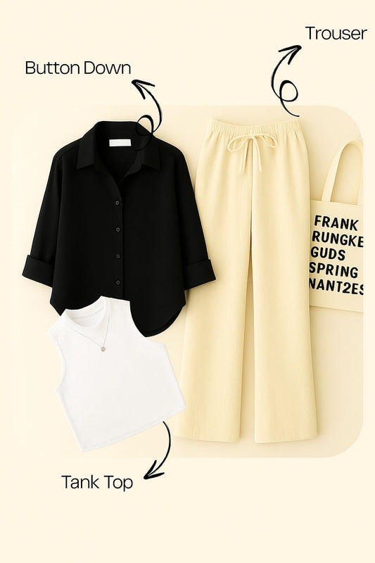 BLACK BUTTON WITH BEIGE FLAPPER AND WHITE TANK TOP