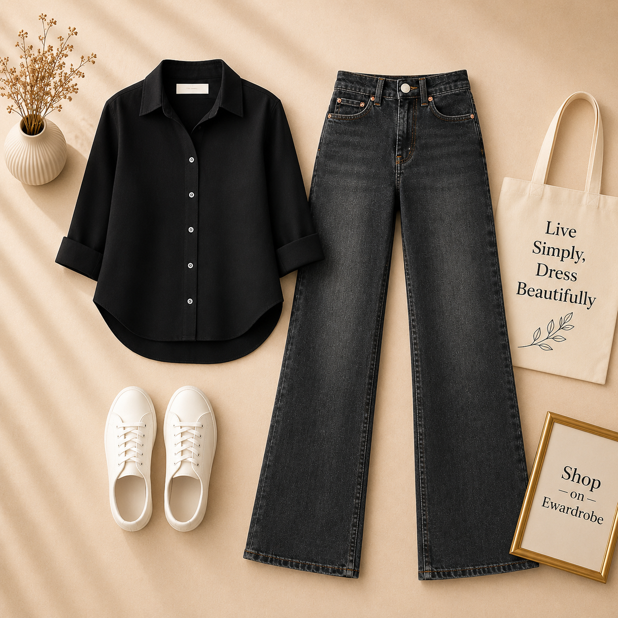 BLACK BUTTON SHIRT WITH BLACK MALAYSIAN WIDE LEG JEANS