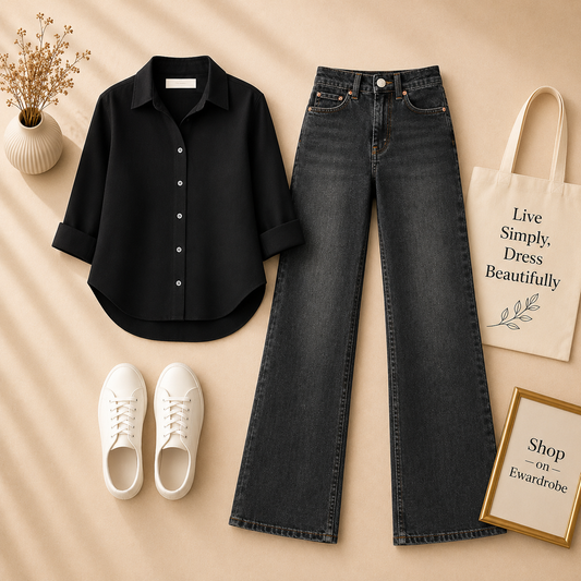 Black Button Down Shirt with Malaysian Black Wide Leg JEans