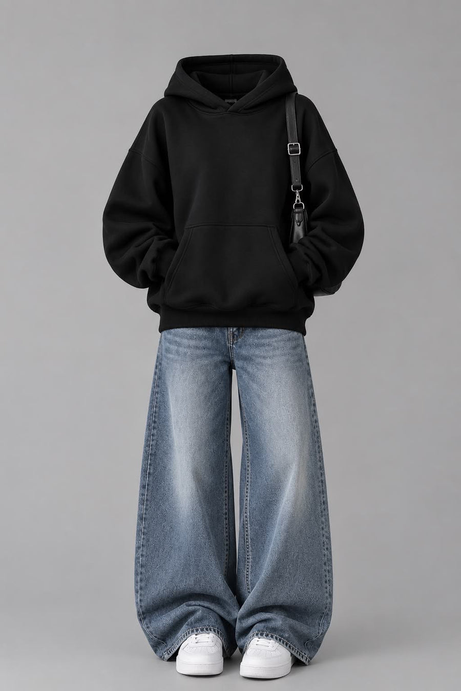 black Hoodie  with Sky   Wide Leg Jeans