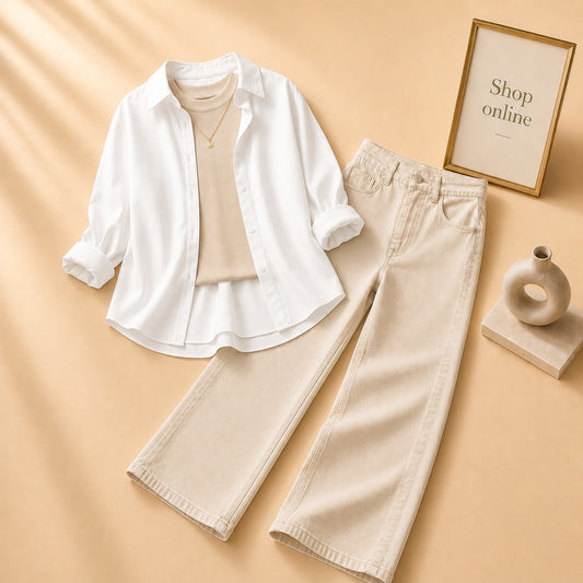 WHITE BUTTON DOWN SHIRT WITH BEIGE TANKTOP AND BEIGE WIDE LEG JEANS