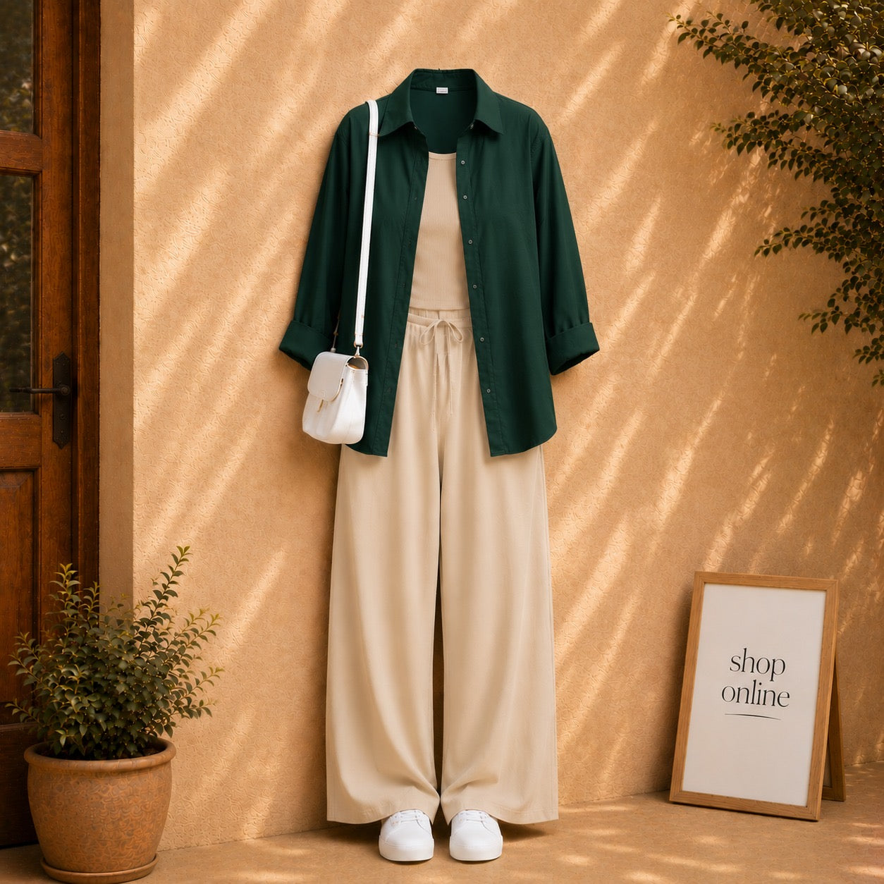 DARK GREEN BUTTON DOWN SHIRT WITH BEIGE TANKTOP AND BEIGE FLAPPER