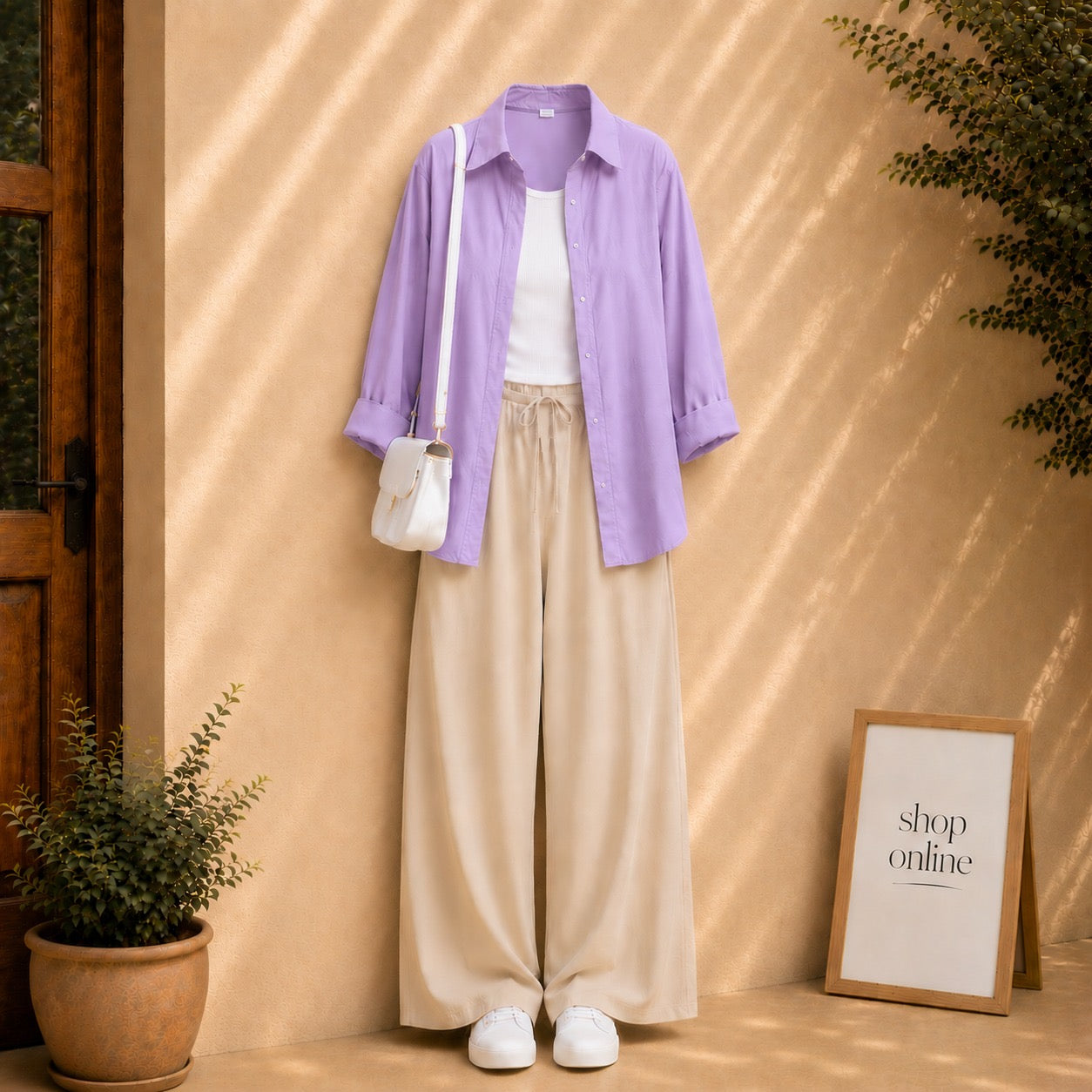 LILAC BUTTON DOWN SHIRT WITH WHITE TANKTOP AND BEIGE FLAPPER