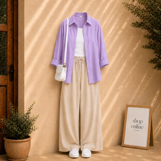 LILAC BUTTON DOWN SHIRT WITH WHITE TANKTOP AND BEIGE FLAPPER