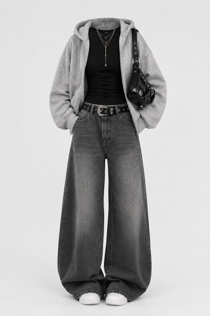 Grey Zipper + Black. Inner  with vintage charcoal  Wide Leg Jeans