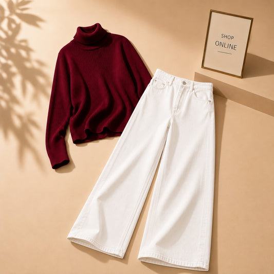MAROON HIGHNECK WITH WHITE WIDE LEG JEANS