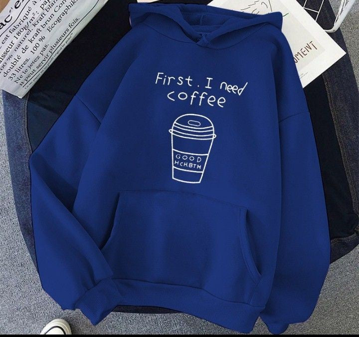 ROYAL BLUE HOODIE FIRST I NEED COFEE