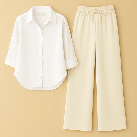 WHITE BUTTON SHIRT WITH BEIGE FLAPPER