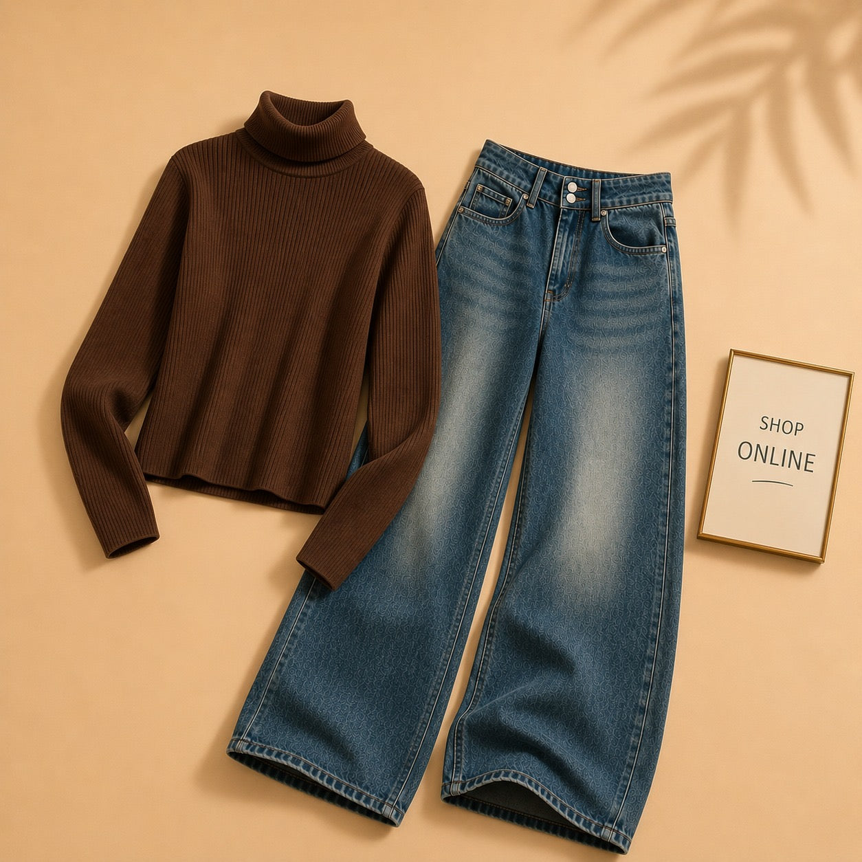 BROWN HIGHNECK WITH DARK MID BLUE WIDE LEG JEANS