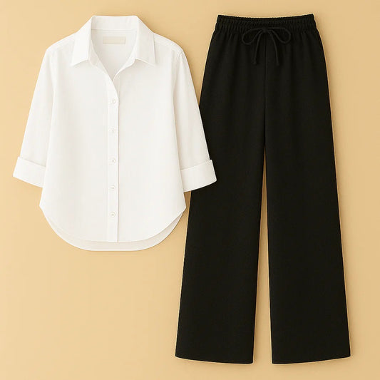 WHITE BUTTON SHIRT WITH BLACK FLAPPER