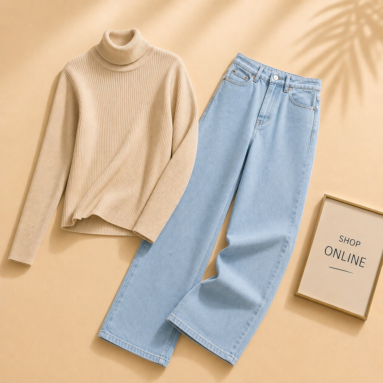 BEIGE HIGHNECK WITH SKY BLUE WIDE LEG JEANS