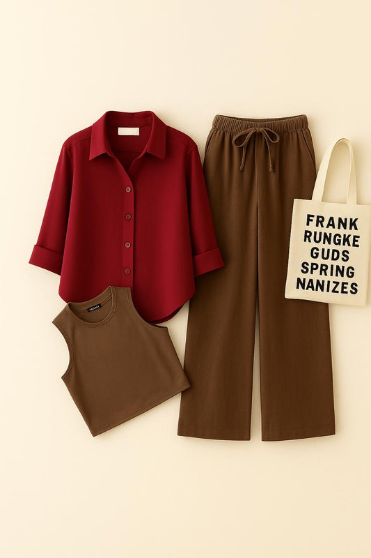 MAROON BUTTON SHIRT WITH BROWN FLAPPER AND BROWN TANK TOP