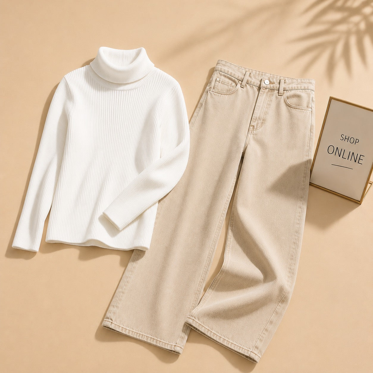 WHITE HIGHNECK WITH BEIGE WIDE LEG JEANS