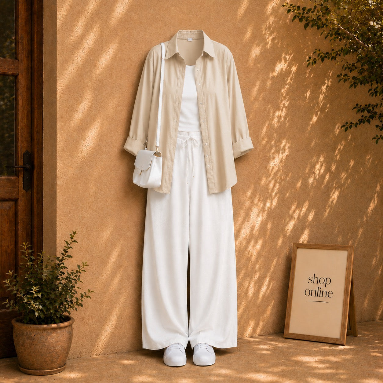 BEIGE BUTTON DOWN SHIRT WITH WHITE TANKTOP AND WHITE FLAPPER