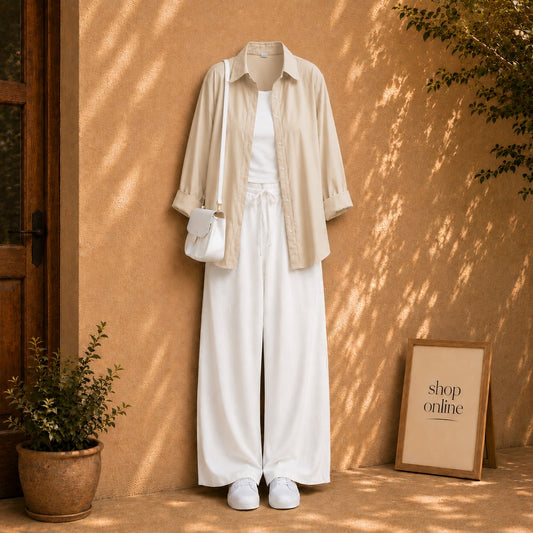 BEIGE BUTTON DOWN SHIRT WITH WHITE TANKTOP AND WHITE FLAPPER