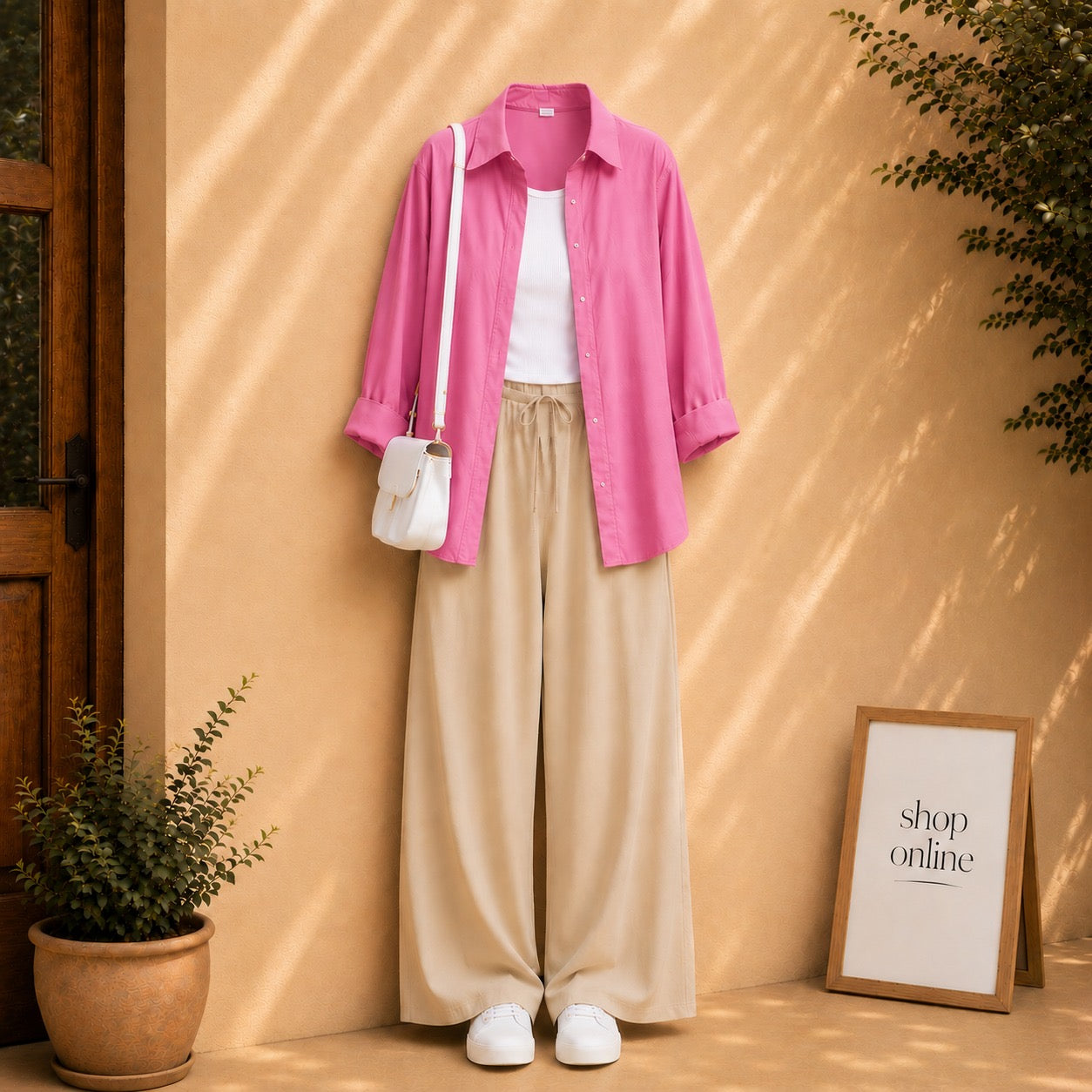PINK BUTTON DOWN SHIRT WITH WHITE TANKTOP AND BEIGE FLAPPER