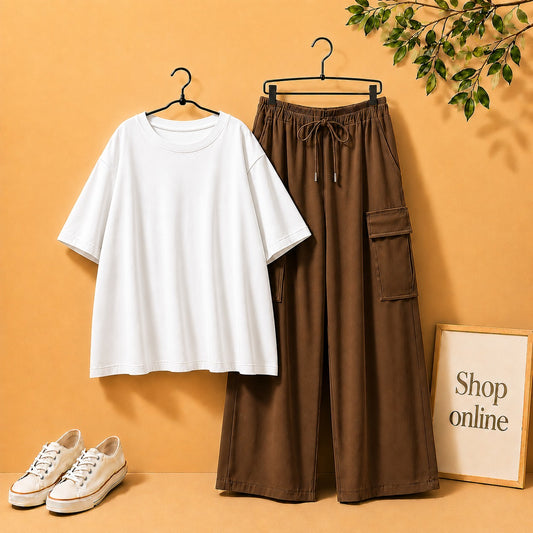 WHITE DROP SHOULDER TSHIRT WITH BROWN CARGO TROUSER