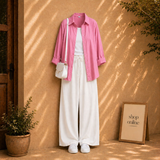 PINK BUTTON DOWN SHIRT WITH WHITE TANKTOP AND WHITE FLAPPER