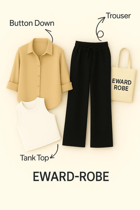 BEIGE BUTTON SHIRT WITH BLACK FLAPPER AND WHITE TANK TOP
